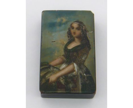 A 19th century Continental lacquer snuff box painted with a young female fish vendor, interior with initials I.P.H. below a r