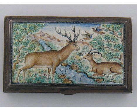A Persian silver cigarette case, the lid with enamel scene of deer, ibex and birds. Persian and 84 marks. 14.5x9x3cm.  wt. 37