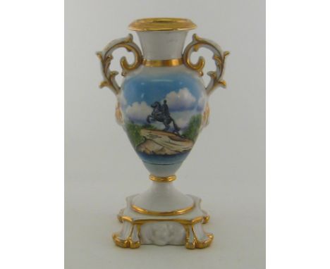 A Soviet Russian ceramic two handled vase, one side with statue of Peter the Great in St. Petersburg, the other a "C" enclose