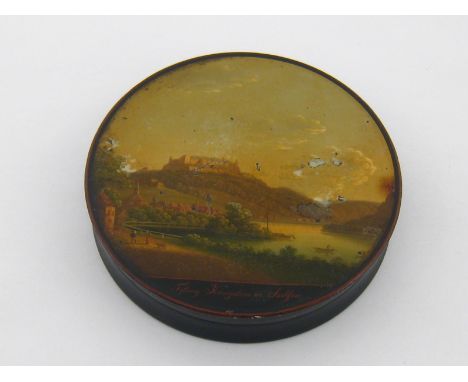 A German circular lacquer snuff box, cover with view of the Konigstein fortress in Saxony, seen from the river Elbe in foregr