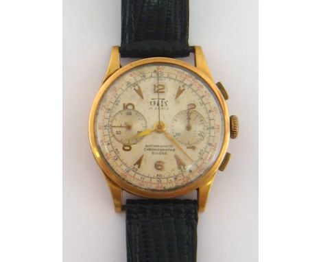 A 1940s 'Otis' gentleman's 18 carat yellow gold bi compax chronograph wristwatch, the silvered dial with applied gold Arabic 