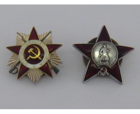 Two Soviet enamel and white-metal orders, one the Order of the Patriotic War, back numbered 1713626, the other the Order of t