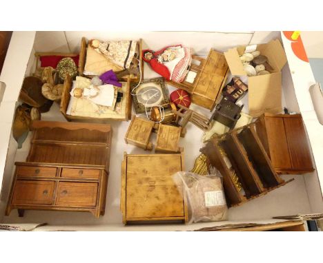 A collection of dolls house furniture and miniatures, to include a Welsh dresser, three-tier buffet, vbeds, various cookware 