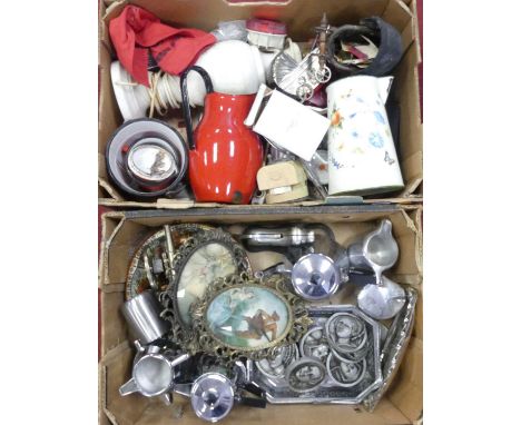A collection of miscellaneous items to include an alabaster table lamp, enamel kitchen ware, composite wall plaques and Art D