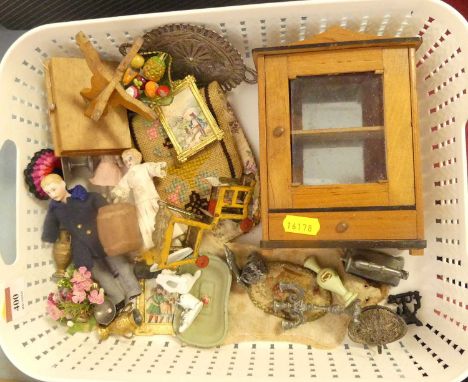 A collection of dolls house furniture and miniatures, to include a metamorphic high-chair, three branch table candelabra, and