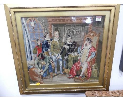 A woolwork tapestry depicting an Elizabethan court scene