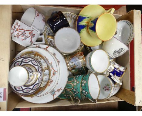 A box of assorted 19th century ceramics, to include coffee cans, teacups and saucers 
