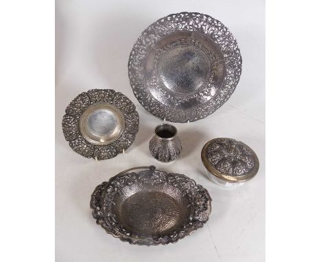 A white metal dish, having a pierced foliate brim and hammer beaten centre, stamped 900 to the underside, together with two f