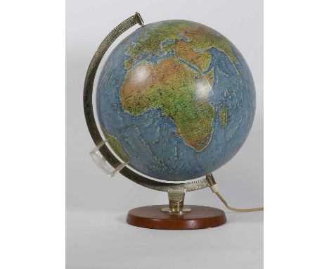 A mid-20th century 11" terrestrial globe, mounted to a teak base, with removable magnifier