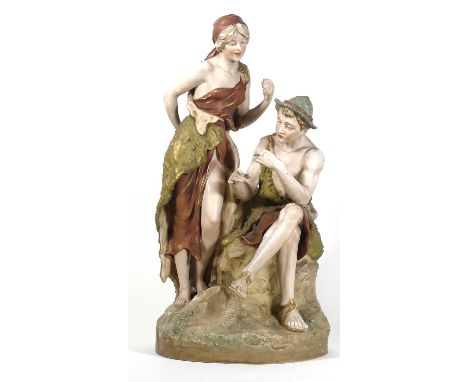 A 19th Century Royal Dux porcelain figure group, depicting a pair of classical figures, pink triangle mark and impressed 1990