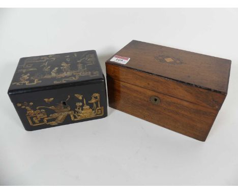 A 1930s Japanese export black lacquered and gilt decorated tea caddy, having a metal lined interior, width 15.5cm, together w