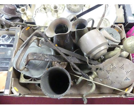 A collection of brass and copper items, to include shell cases, spirit kettle on stand, graduated jugs etc 