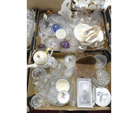 A collection of miscellaneous items, to include cut glass decanters, Poole Pottery, Aynsley teapot, various paperweights and 
