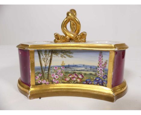 A Flight Barr &amp; Barr Royal Worcester porcelain inkwell, hand painted with flowers before an extensive landscape, surmount