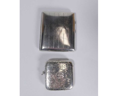 A George V silver pocket cigarette case having engine turned decoration and monogrammed cartouche with gilt washed interior, 