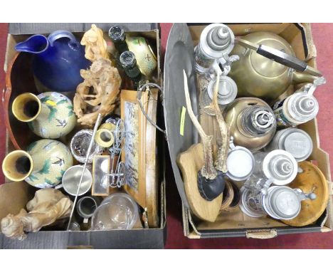 A collection of miscellaneous items to include a Art Nouveau style pewter meat plate, mounted antlers, and various oriental i