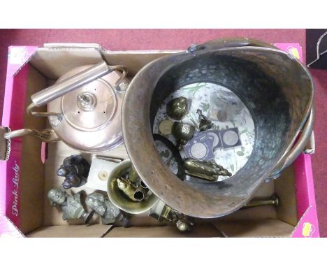 A collection of metal ware to include a cast brass pestle and mortar in the 17th century style, pair of painted metal busts a