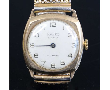 A lady's vintage 9ct gold cased tank wristwatch, having manual wind movement, on replacement gilt metal expanding link bracel