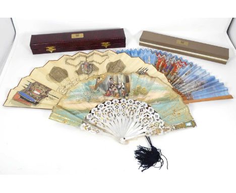 A collection of fans to include a late 19th century French example printed with a courting scene on parcel gilt mother of pea