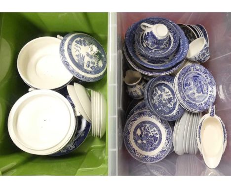 A collection of blue &amp; white transfer decorated ware, mainly willow pattern, to include examples by Wedgwood, Spode and W