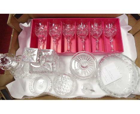 A collection of cut glass ware to include cut glass decanter and stopper of rectangular shape, height 28cm, and a set of six 