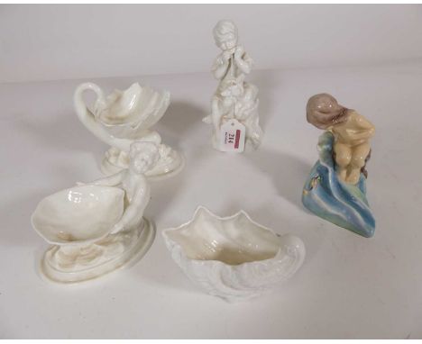 A Royal Worcester porcelain figure of a child "August", height 12cm, together with another, unmarked, two Royal Worcester dis