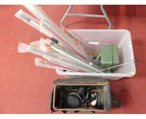 A collection of various course fishing tackle to include a Miramar 30 reel, Shakespeare OMNI 050, various bank sticks, rests,