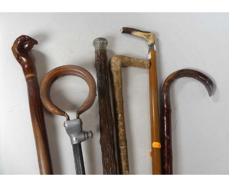 A collection of walking sticks to include an ornately carved hand holding a ball, together with a shooting stick and silver t