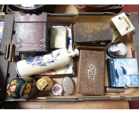 A collection of miscellaneous items, to include Russian dolls, carriage clock, small amount of flatware, cigarette case etc 