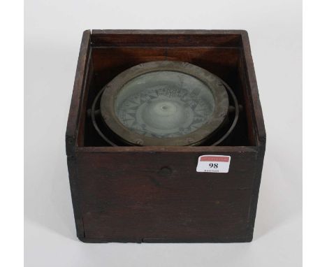 A brass gimballed ship's compass in mahogany case, width 19cm