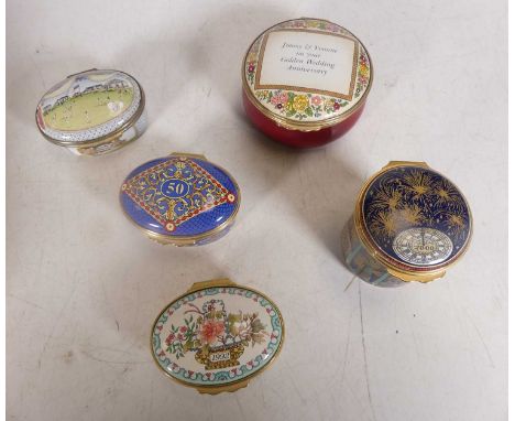 A collection of five Halcyon Days enamel patch boxes, to include a limited edition Millennium example numbered 597, a commemo