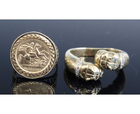 A 9ct gold signet ring, set with a yellow metal disc depicting St George and the Dragon, size N; together with a 9ct gold ban
