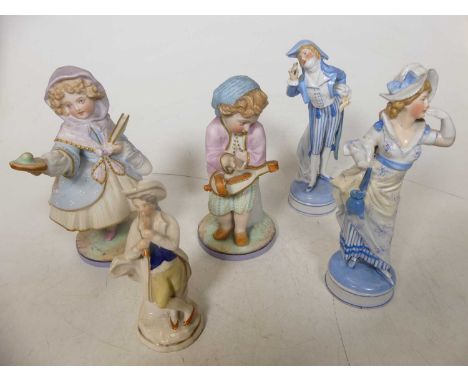 A collection of ceramic figures to include Nao figure of a lady modelled standing holding a goose, with a puppy at her feet, 