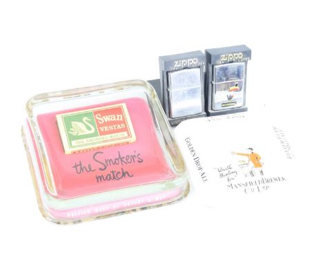 A 20th century tobacconists advertising counter top change tray for Swan Vesta matches, together with a Shelly advertising as