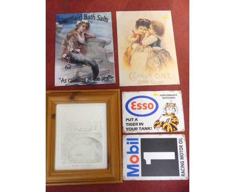 A collection of tinplate signs, to include ESSO, Mobil, Clarks etc 