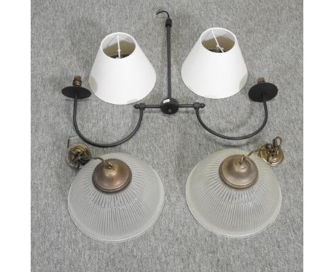 A pair of Jim Lawrence holophane style glass lights, together with a ceiling light and a glass pendant light, 30cm high