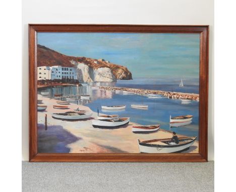 R J Collins, harbour scene, signed, oil on board, 91 x 121cm