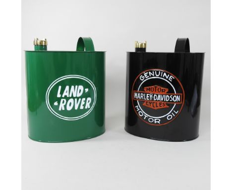 A Land Rover petrol can, together with a Harley Davidson petrol can, 30cm high