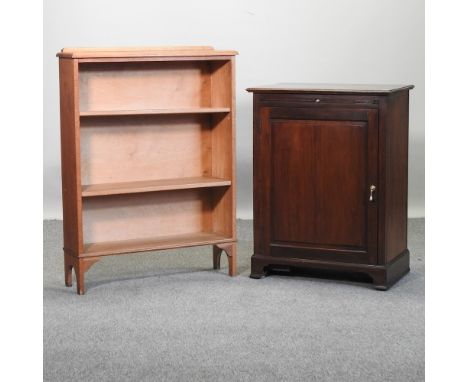 A Victorian mahogany music cabinet, 64cm, together with a light oak bookcase, by Harrods