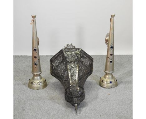 A Moroccan style hanging lantern, 130cm high, together a pair of wall sconces (3)