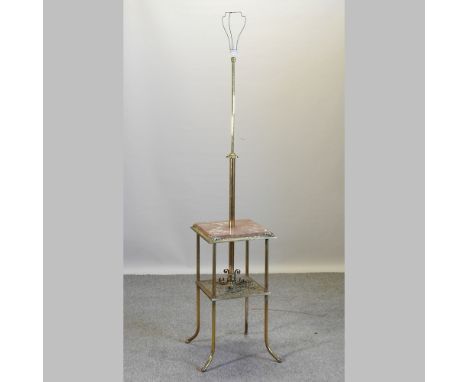 A brass standard lamp table, with a rouge marble surface, 40cm 