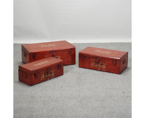 A set of three graduated reproduction Coca-Cola painted advertising trunk, largest 68cm