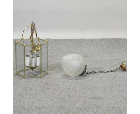 A brass and glass hexagonal hall lantern, 29cm diameter, together with an opaque glass ceiling light