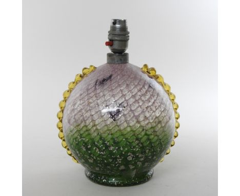 An early 20th century mottled purple and green glass Monart style lamp base, 24cm high overall
