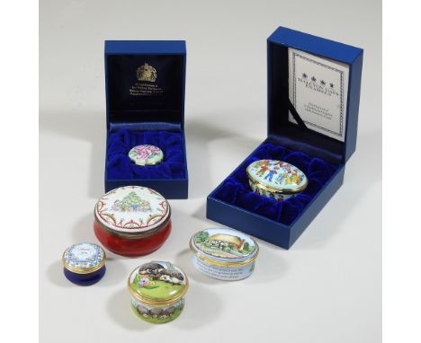 A collection of six Halycon Days enamel boxes, largest 6cm