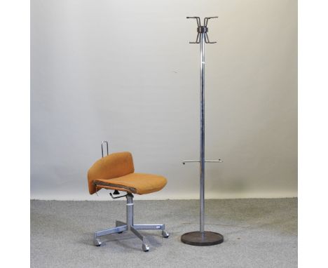 A mid 20th century orange upholstered desk chair, together with a chrome hatstand, 160cm high