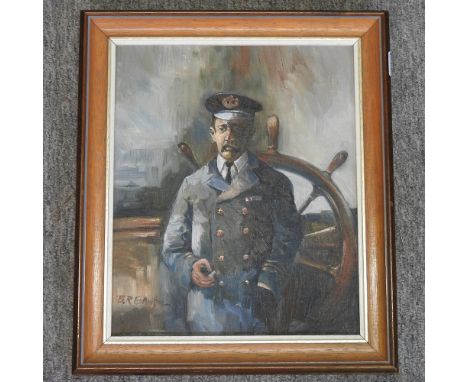 B R Entwistle, a sea captain leaning against the ship's wheel, oil on board, 29 x 24cm