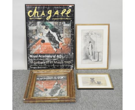 A gilt framed wall mirror, together with a Marc Chagall exhibition poster, 66 x 50cm, a limited edition print of Border Terri