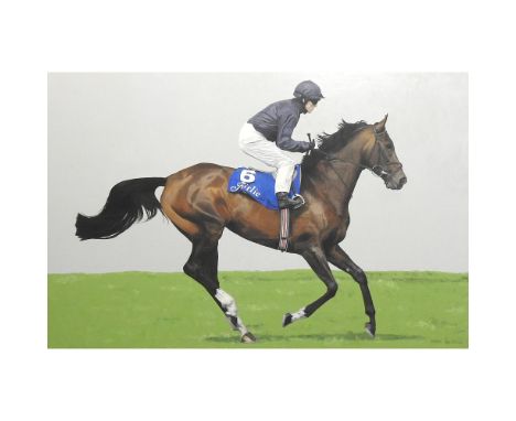 Alison Elliott, contemporary, Scorpion, signed and dated 2008, oil on linen, 122 x 183cm, showing jockey Kieren Fallon riding