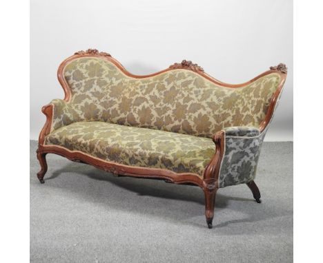 A Victorian style green upholstered show frame sofa, 170cm